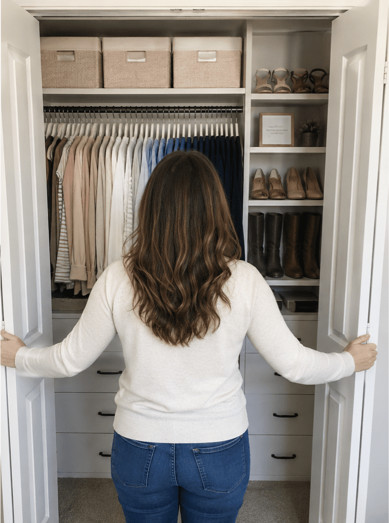 Woman viewing a clean and organized custom closet in Clarksville with shelving and drawers.