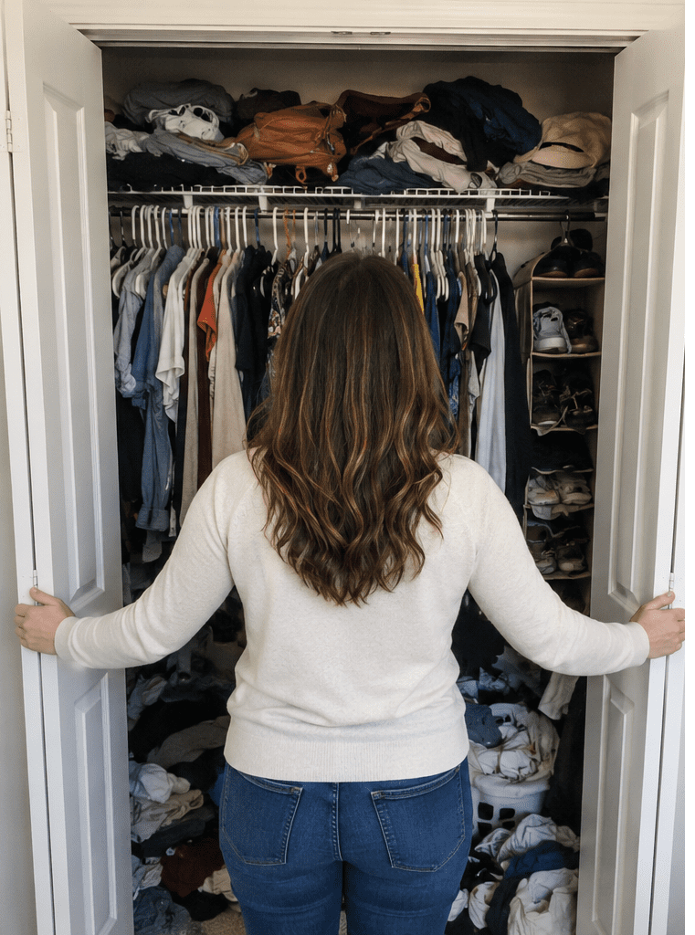 Woman looking into an overcrowded closet in Clarksville filled with clothing and clutter.